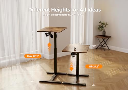 Claiks Mobile Standing Desk with Cup Holder Overbed Table 25.5" Brown | Cup Holder, Rolling Adjustable Desk, Hidden Wheels, Gas Spring Lift, Side Hook, Easy Assembly, Hospital Use - color: Rustic Brown