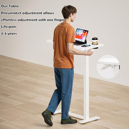 BIZUM Adjustable Hospital Bed Table on Wheels, Rolling Bedside Table White | Adjustable height 29.7-43.3in, 27.6x15.8in surface, cup holder, 22lb capacity, pneumatic lift, 4 swivel wheels - color: White