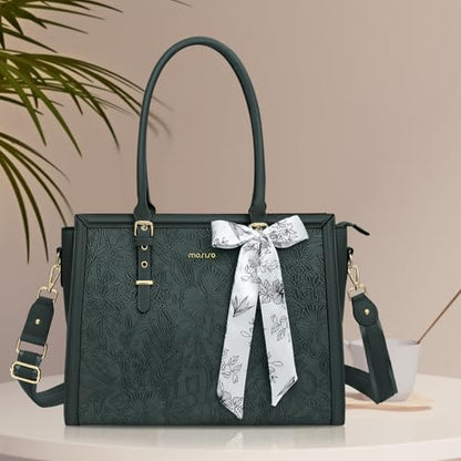 MOSISO Laptop Bag for Women, 17-17.3 inch PU Leather Tote Bag | Compatible with MacBook, HP,Dell, Front Embossed Retro Hibiscus Computer Bags with Silk Scarf&Clutch Purse, Emerald Green - color: Emerald Green, size: 17.3 inch