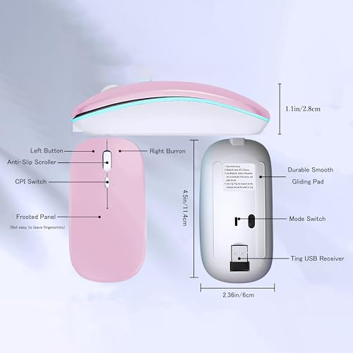 WREANU Wireless Bluetooth Mouse, Rechargeable Laptop Mice, Pink | LED Lights Silent Slim Dual Mode(BT5.2 and 2.4G Portable USB Receiver) Computer Mouse for Laptop/iPad/Tablet/Computer/Mac - color: Pink
