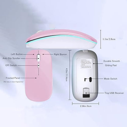 WREANU Wireless Bluetooth Mouse, Rechargeable Laptop Mice, Pink | LED Lights Silent Slim Dual Mode(BT5.2 and 2.4G Portable USB Receiver) Computer Mouse for Laptop/iPad/Tablet/Computer/Mac - color: Pink