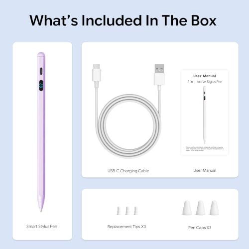 LED Battery Display Stylus Pen, Fast Charging Active Digital Pencil for iPad iPhone Samsung Android Tablets, Low Latency & Tilt Sensitivity for Note Taking/Drawing, No Bluetooth Needed (Purple) - color: Purple