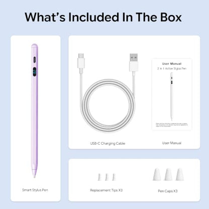 LED Battery Display Stylus Pen, Fast Charging Active Digital Pencil for iPad iPhone Samsung Android Tablets, Low Latency & Tilt Sensitivity for Note Taking/Drawing, No Bluetooth Needed (Purple) - color: Purple