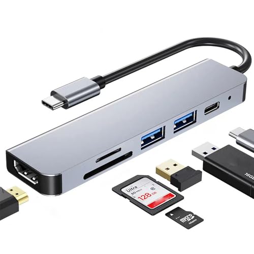 USB C Hub 6 in 1 with HDMI(4K@30Hz), USB-C to HDMI Adapter 100W Power Delivery, USB 3.0, USB 2.0, SD/TF Card Reader Compatible with iPhone 15/16, MacBook, iPad Pro, Samsung Galaxy S8, Dell XPS