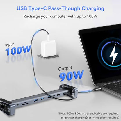 10-in-1 USB-C Laptop Docking Station with Adjustable Stand, 100W Power Delivery, 4K HDMI, Gigabit Ethernet, SD/TF Card Reader, 3 USB 3.0 Ports (Silver)