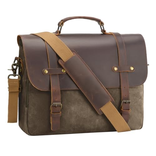 Mens Messenger Bag Waxed Canvas Laptop Briefcase 16“ Vintage Genuine Leather Crossbody Bags Waterproof Satchel Shoulder Bag - color: Army Green