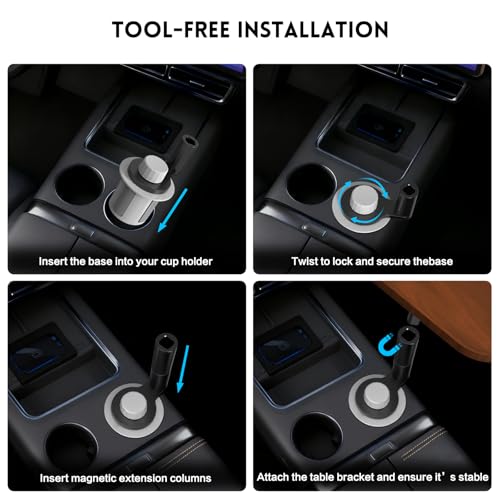 360° Rotation Car Desk for Laptop, Height-Adjustable Cup Holder Table, Wooden Car Food Tray & Laptop Mount Compatible with Tesla Model Y/3/S, Ford F150/Explorer/Maverick & Most Vehicles (Warm Walnut)