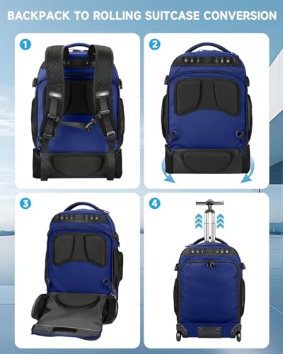2-in-1 Detachable Backpack with wheels,56L Large rolling backpack-Splits into Daypack & Laptop Backpack Fits 17 Inch Laptop,Water Resistant Luggage suitcase,Air Travel,Weekend Trips - color: Blue