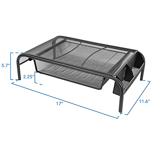 Mount-It! Metal Mesh Monitor Stand with Drawer, Ergonomic Desk Organizer and Riser for Monitors and Laptops, Desktop Stand with Extra Storage and Side Pocket, Black
