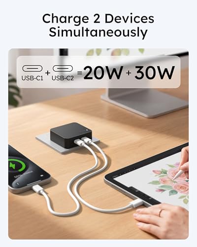 Nekmit Dual USB C Wall Charger, 50W PD PPS Fast USB Charger Block with 2 USB-C Ports, Flat USB C Wall Plug Adapter with Fixed Prongs for iPhone 17/16, MacBook Air, iPad and More (Black) - color: Black