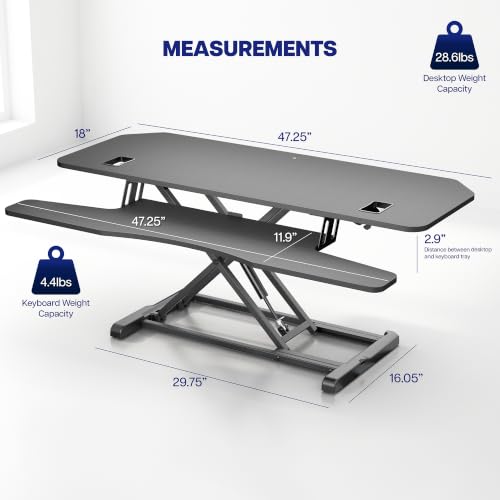 VIVO 48" Extra Large Corner Desk Riser, Pneumatic Sit-Stand Desk Converter, Dual Monitor Keyboard Tray, Grommet, Cable Management, Anti-Slip, Black, DESK-V048KL - size: 48"