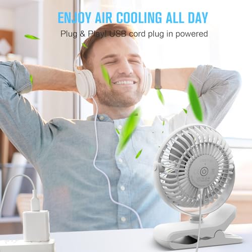 BESKAR Clip on Fan, 360° Rotation Quiet Stroller Fans with Strong Airflow,3 Speeds, Portable Small Fans with Sturdy Clamp,Perfect Personal Cooling Fan for Office Table Bedroom Kitchen - color: White