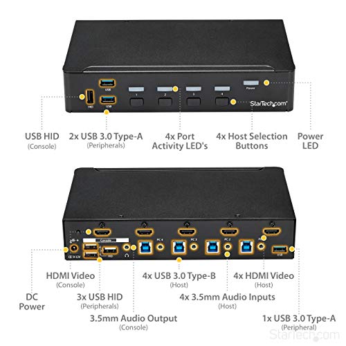 StarTech 4-Port HDMI KVM Switch, Full 1080p, USB 3.0 Hub, 3.5mm Audio, TAA | High definition video, Share peripherals, Separate 3.5mm auxiliary audio support, No drivers required, Plug-and-play - size: 4 Port | 1 Monitor, style: USB 3.0 | 1080p