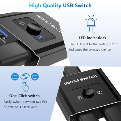 USB Switch, Bi-Directional USB3.0 Switcher 2 Computers Share Keyboard Mouse Printer, USB Splitter 1 in 2 Out/2 in 1 Out, USB-A Splitter for Laptop, Aluminum Selector, Keyboard Mouse Switch
