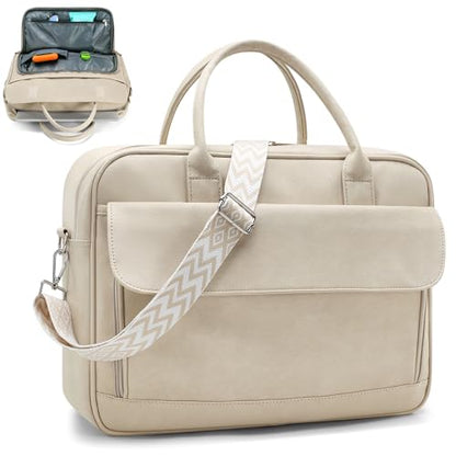 Teacher Tote Bag for Women 17inch PU Leather Laptop Briefcase Nurse Bags Professional Work Bags For Nursing, School, College - color: Apricot