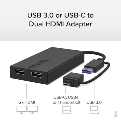Plugable Dual HDMI Monitor Adapter for M1-M5 & Neo macOS, Windows, ChromeOS - USB-C, Thunderbolt, USB 3.0 Compatible, Supports 2 Displays at 1080p 60Hz, SMI Driver Required