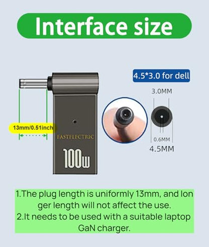 USB C to Slim Laptop 100W PD Power Charger 4.5mm Connector Tip Fit for All 65W/45W Dell laptops with Round Power Connector, Including Inspiron 13 14 15,3000 5000 7000 Series, XPS, Vostro Series Cable