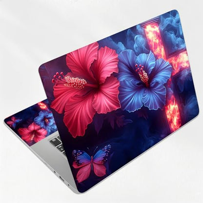 Blue Red Hibiscus Flower with Cross Universal Laptop Skin Sticker 3PCS, Protective Decal Trim-to-Fit 11.6" 13.3" 14" 15.6" Laptop Vinyl Cover, Removable Anti-Scratch Computer Decal Protector - color: Blue Red Hibiscus Flower with Cross