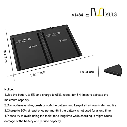MULS A1484 A1474 Tablet Battery Replacement for iPad 5th 6th 7th 8th 9th | Generation A1822 A1823 A1893 A1954 A2197 A2198 A2270 A2428 A2429 A2430 A2602 A2603 A2604 A1474 A1475 for iPad 5/6/7/8/9/Air 1 - size: 10.04*5.83*0.98 in A1484