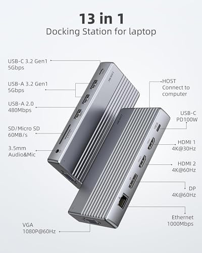Laptop USB c Docking Station 4 Monitors,lsikmc 13-in-1 usbc Hub with Dual HDMI 4k,DP 4k, VGA, 100W PD, Gigabit Ethernet,3*USB 3.0/USB-c,SD/TF Card Reader,3.5Audio, Computer Dock for Dell/HP/Lenovo - style: 13 Ports 2 HDMI + 1 DisplayPort + 1 VGA