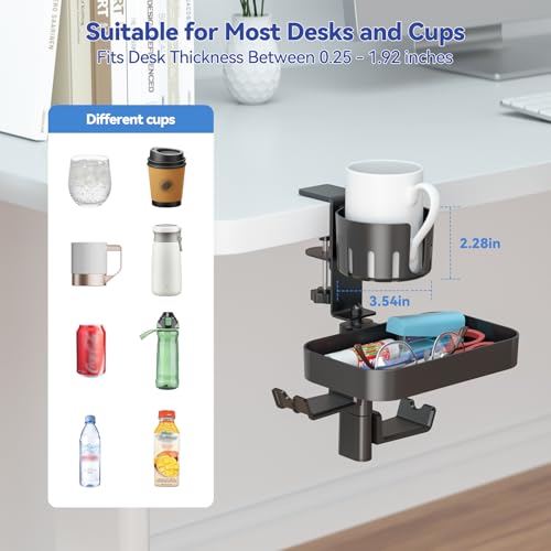 KDD Desk Cup Holder with 2 Headphone Hook - Rotating Pencil Holder & Detachable Drawer Tray - Clamp on Under Desk Headphone Holder Hidden Storage for Office School Home Accessories