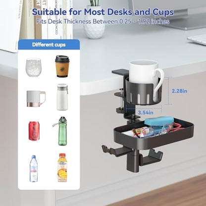 KDD Desk Cup Holder with 2 Headphone Hook - Rotating Pencil Holder & Detachable Drawer Tray - Clamp on Under Desk Headphone Holder Hidden Storage for Office School Home Accessories