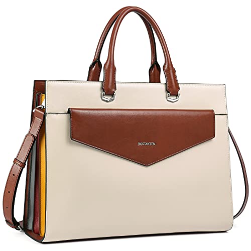 BOSTANTEN Briefcase for Women Laptop Tote 15.6 Inch Genuine Leather Handbag Work Bag Beige - color: A-beige&brown