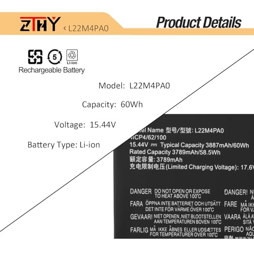 L22B4PA0 L22M4PA0 Laptop Battery for Lenovo Legion Slim 5-16APH8 5-16IRH8 | LOQ 15APH8 15IRH8 16APH8 16IRH8 IdeaPad 1-15IAU7 Series L22D4PA0 L22X4PA0 5B11N45957 SB11K38532 15.44V 60Wh - size: 9.13*3.07*0.27inch L22M4PA0
