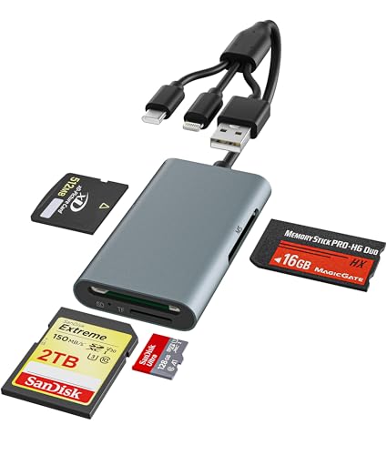 Bawanfa Memory Stick Pro Duo Adapter - 4-in-1 Reader SD/TF/MS/xD, Aluminum | 4-in-1 Card Reader for Sony Cyber-shot SD/Memory Stick, USB-C/Lightning/USB-A, for iPhone/Android/Laptop, Aluminum Case - color: Metallic Gray