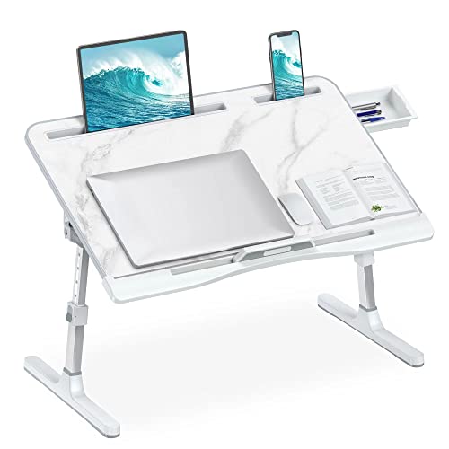 HETTHI Laptop Bed Desk, Adjustable Laptop Lap Desk with Drawer, X-Large Foldable Bed Table Tray for Bed Couch Floor Desk Writing Working Reading Eating Painting (Marble, 23.6"×15.7") - color: Marble, size: X-Large 23.6×15.7in