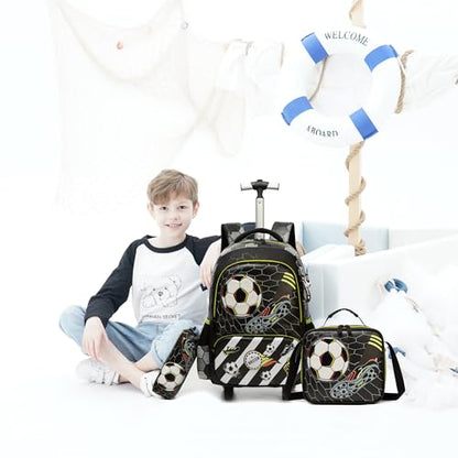 Meetbelify Kids Football Rolling Backpack with Wheels for Elementary Preschool Students Boys Travel Luggage Carry on Backpack for Boys Ages 6-8 - color: 02 Football