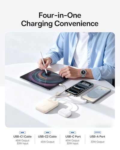 Baseus 20000mAh Compact Portable Charger 45W, CCC Certified Power Bank Built-in USB-C Cables, Travel Essential PD Fast Charging Battery Pack for iPhone 17/16 Series Galaxy S25/S24 Ultra Google iPad