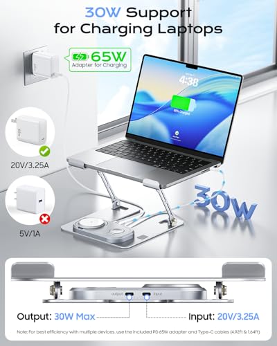 Meifigno Laptop Stand with Wireless Charging Station Base, Foldable Aluminum MacBook Holder with MagSafe Charger for iPhone/iWatch/AirPods, 30W USB-C Wired Charging for Laptop/iPad, with 65W Adapter