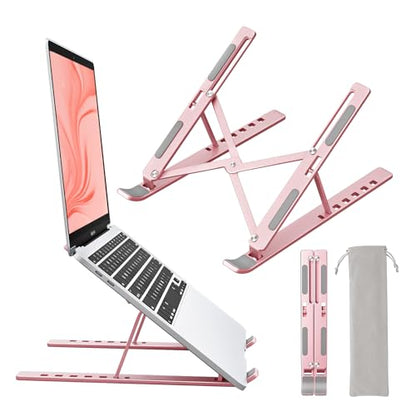 Laptop Stand for Desk, Aluminum Metal MacBook Stand，Computer Riser for Desk, Portable Foldable Adjustable Notebook Holder, Compatible with 10-15.6 Inch Laptops, iPad, Rose Gold. - color: Rose Gold