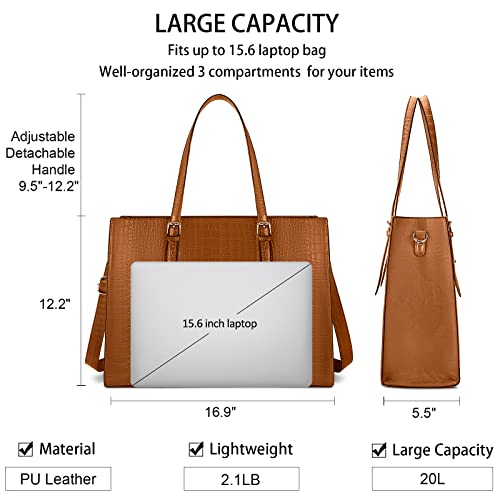 Laptop Bag for Women 15.6 Inch Crocodile Leather Tote Bag Water-resistant Work Briefcase Business Computer Shoulder Bag for Travel Teacher Nurse Professional Handbag - color: Brown