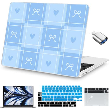 Teryeefi Compatible with MacBook Air 13 inch Case 2021 2020 2019 2018 Release A2337 M1 A2179 A1932 with Touch ID, Plastic Hard Shell & Keyboard Cover & USB Adapter & Trackpad Protector- Blue Bow 139 - color: Blue Bow 139