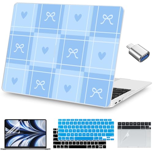 Teryeefi Compatible with MacBook Air 13 inch Case 2021 2020 2019 2018 Release A2337 M1 A2179 A1932 with Touch ID, Plastic Hard Shell & Keyboard Cover & USB Adapter & Trackpad Protector- Blue Bow 139 - color: Blue Bow 139