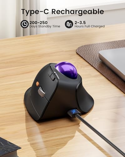 ProtoArc EM05 NL Wireless Vertical Trackball Mouse, 5 DPI Levels, Purple | 62° Vertical Design Supports a Natural Wrist Posture, Connect 3 Devices Via Bluetooth/2.4G USB-A, 500mAh Rechargeable Battery - color: Purple
