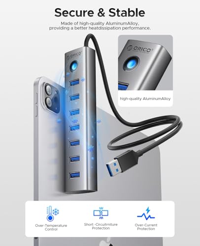 ORICO 7-Port USB 3.0 Hub, Aluminum USB Multiple Adapter, 5Gbps USB Extender USB Splitter with 1.64Ft Cable, UBS-A Hub Long Cable for Desktop, PC, Flash Drive, Mobile HDD, Windows/XPS - size: 1.64Ft