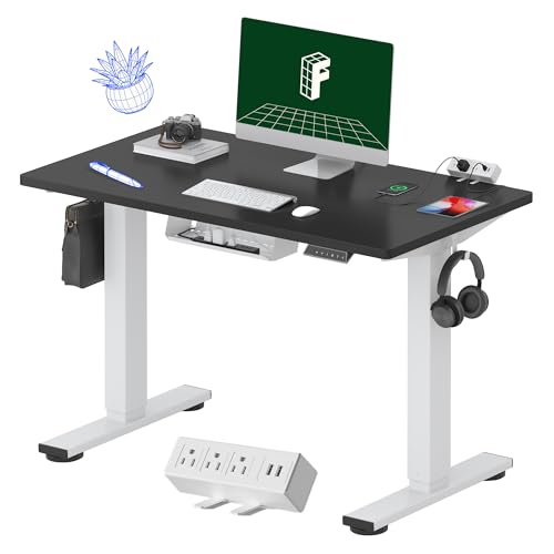 FLEXISPOT EN2 40"x24" Whole-Piece Standing Desk with Power Strip, Black | Whole-Piece Desktop, Easy-Access Clamp Power Strip, Organized Cable Management, Modern Home Office Setup - color: Black Top + White Frame, size: 40x24"