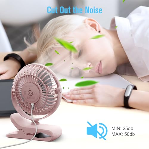 HONYIN 720° Rotation Small Desk, Hang & Clip on Fan by USB Plug In | Sturdy Clamp, 3 Speeds, Quiet Little Personal Cooling Fan for Bedroom Office Desktop Treadmill - color: Pink