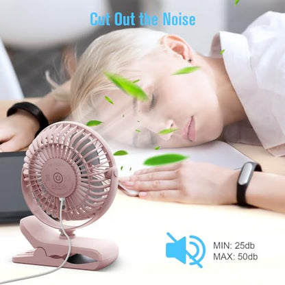 HONYIN 720° Rotation Small Desk, Hang & Clip on Fan by USB Plug In | Sturdy Clamp, 3 Speeds, Quiet Little Personal Cooling Fan for Bedroom Office Desktop Treadmill - color: Pink