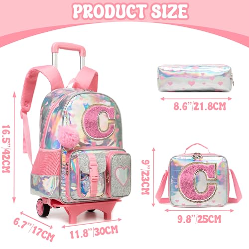 HTgroce Cute Rolling Backpack with Wheel,School Backpack for Kids Girl Roller Schoolbag Wheeled Backpacks Set Carry-on Luggage,Pink L - color: Pink, style: C