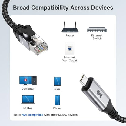 Cable Matters Plug & Play Braided USB C to Ethernet Cable, 6ft | Gigabit Ethernet, Thunderbolt 4/5 Compatible, Works with MacBook, iPad Pro, XPS, and Surface Pro - size: 6 Feet