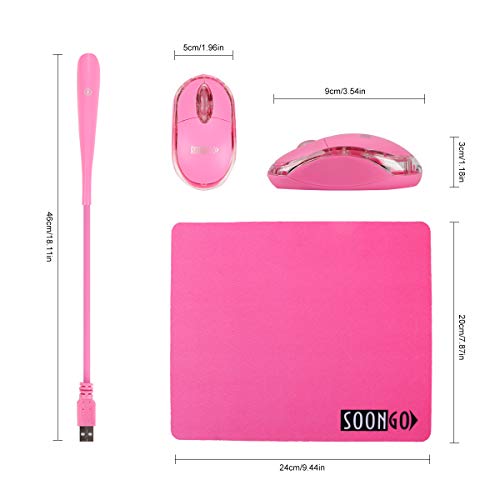 SOON GO Pink Mouse and Pad USB LED Light 3 in 1 Gift Comb Kids Mouse for Laptop Home Office Travel - color: Light pink