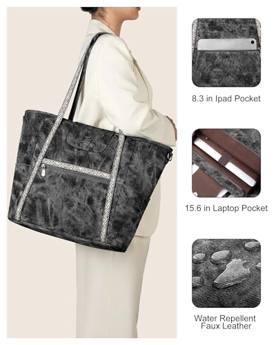 Large Laptop Tote Bag for Women Designer Leather Laptop Bag, 15.6in | Fashion Travel Backpack Purse Shoulder Handbag Fits 15.6 Laptop, Daily, Work, Business Trip, Weekend Travel, Teacher - color: Denim Black