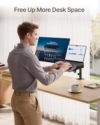 monTEK Monitor and Laptop Stand for 32" Screen and 17" Laptop | 2-in-1 desk mount holds 22 lbs, with height adjustment, tilt, swivel, clamp/grommet bases and VESA 75/100