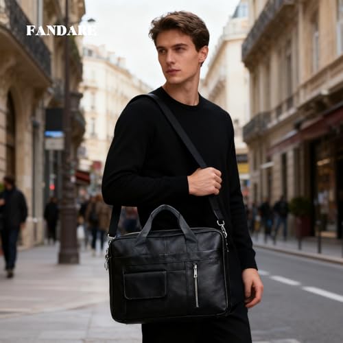 FANDARE Laptop Tote Bag for Men Full Grain Leather Briefcase Business Tote Messenger Handbag - color: Black