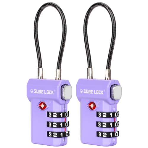 SURE LOCK TSA Approved Luggage Locks with Open Alert Indicator, 3 Digit Combination Cable Travel Lock for Suitcase, Backpack, Gym Locker, Toolbox, Carry On & Travel Bag - color: PURPLE 2 PACK