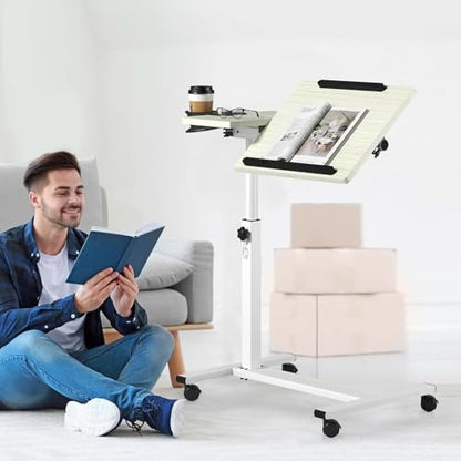 Panta Rolling Laptop Stand, Adjustable, Maple | Dual tilting desktops, cup holder, mobile overbed table, for couch/office/home/hospital - color: Maple